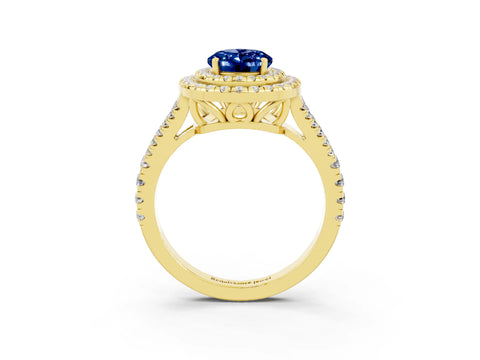 Yellow gold Oval Cut Blue Sapphire Double Halo Ring with Pavé Band and Prong Setting_15