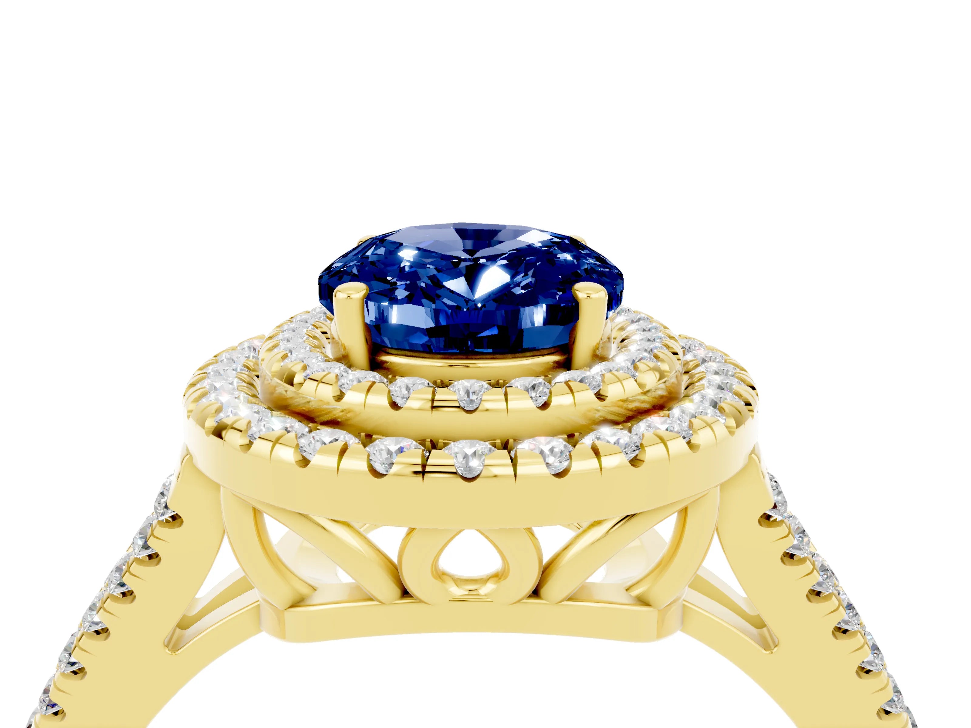 Yellow gold Oval Cut Blue Sapphire Double Halo Ring with Pavé Band and Prong Setting_16