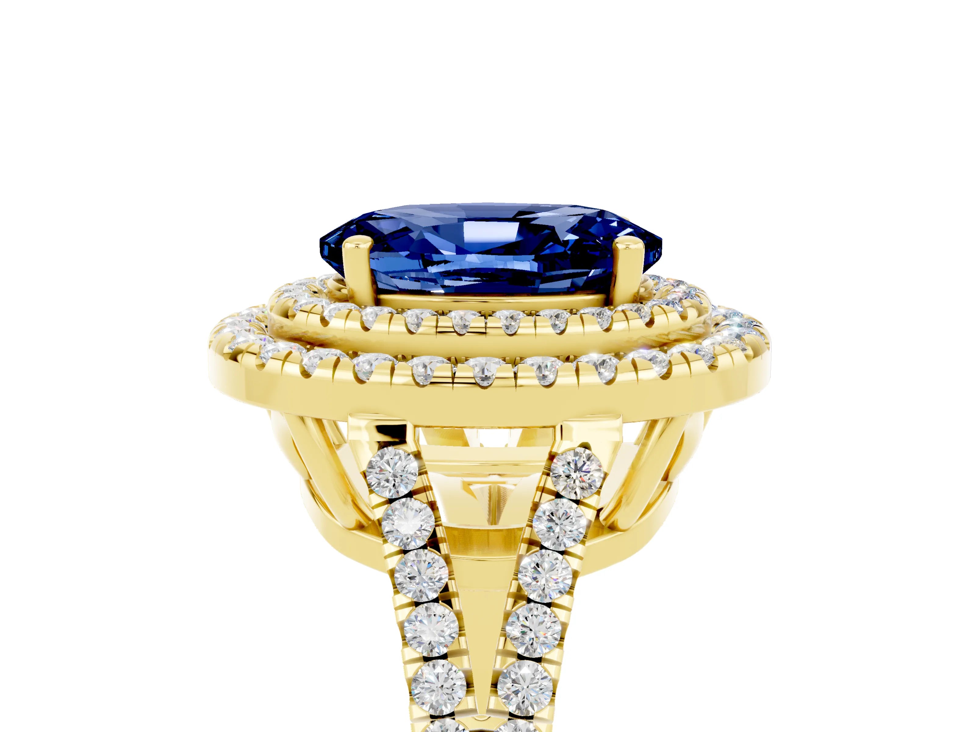 Yellow gold Oval Cut Blue Sapphire Double Halo Ring with Pavé Band and Prong Setting_17