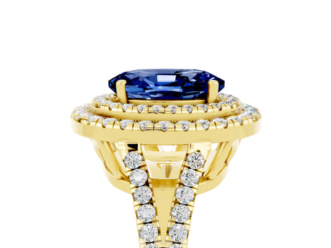 Yellow gold Oval Cut Blue Sapphire Double Halo Ring with Pavé Band and Prong Setting_17