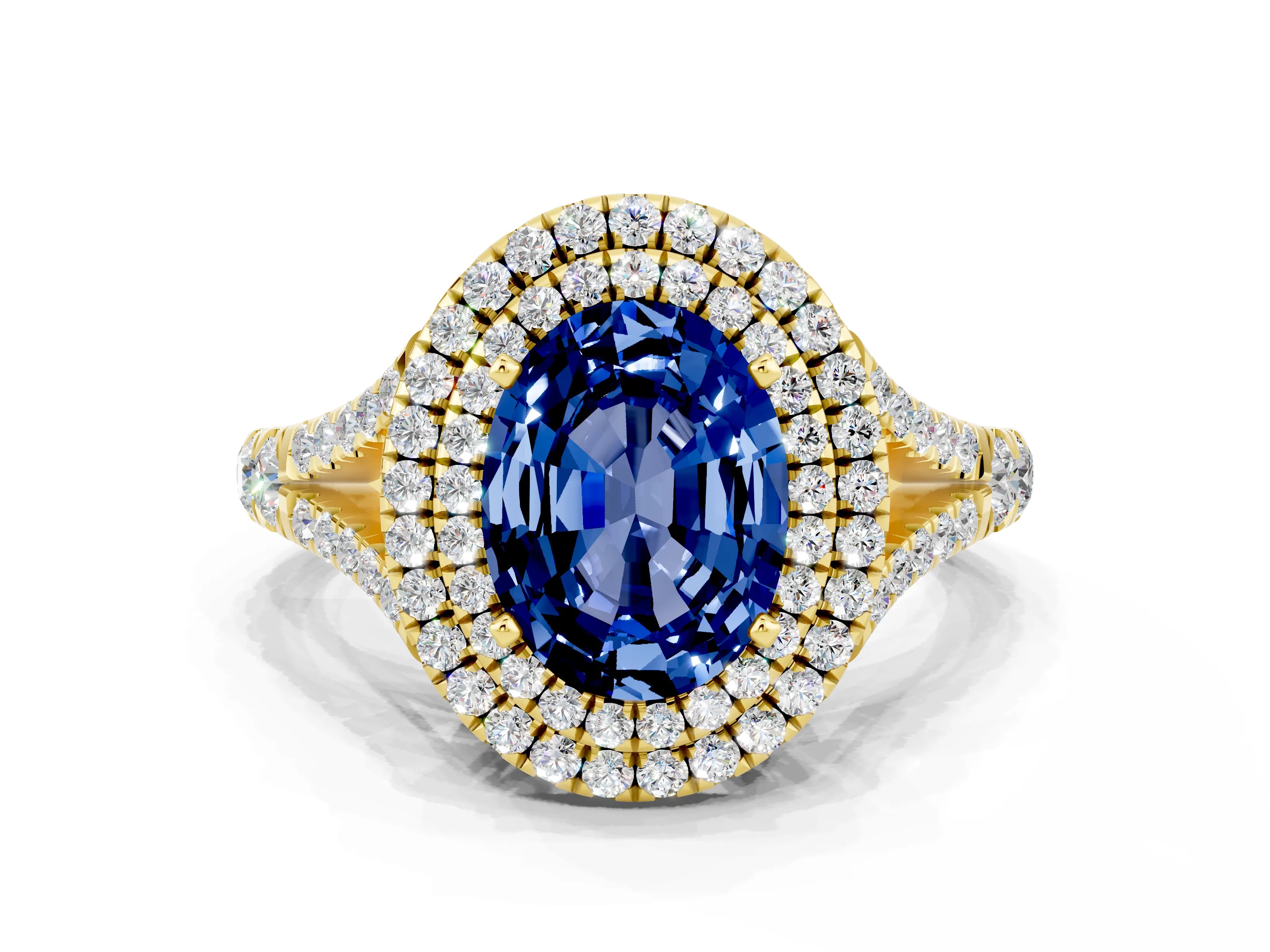 Yellow gold Oval Cut Blue Sapphire Double Halo Ring with Split Shank and Prong Setting_12
