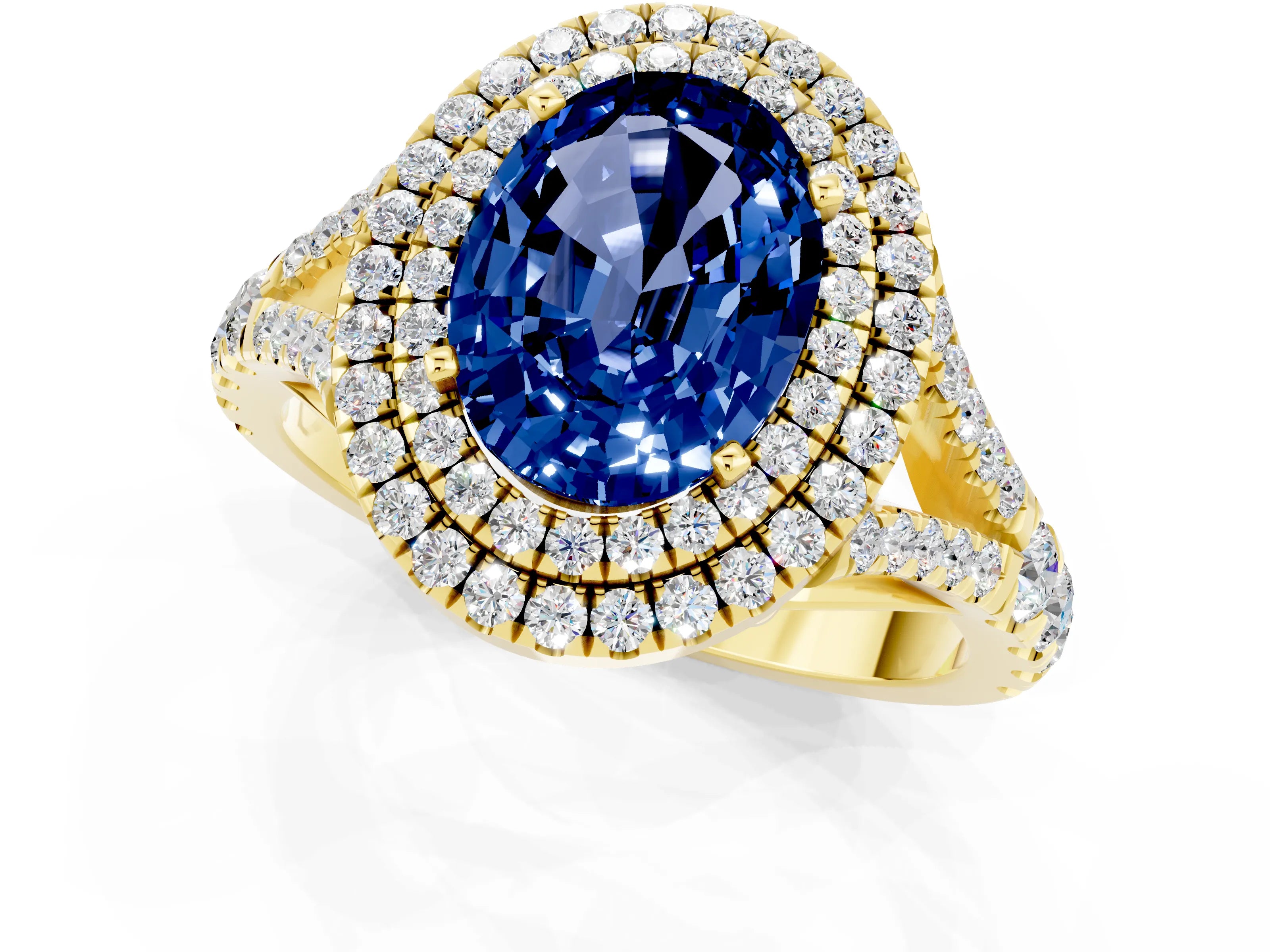 Yellow gold Oval Cut Blue Sapphire Double Halo Ring with Split Shank and Prong Setting_13