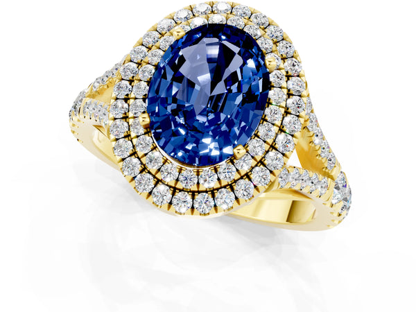 Yellow gold Oval Cut Blue Sapphire Double Halo Ring with Split Shank and Prong Setting