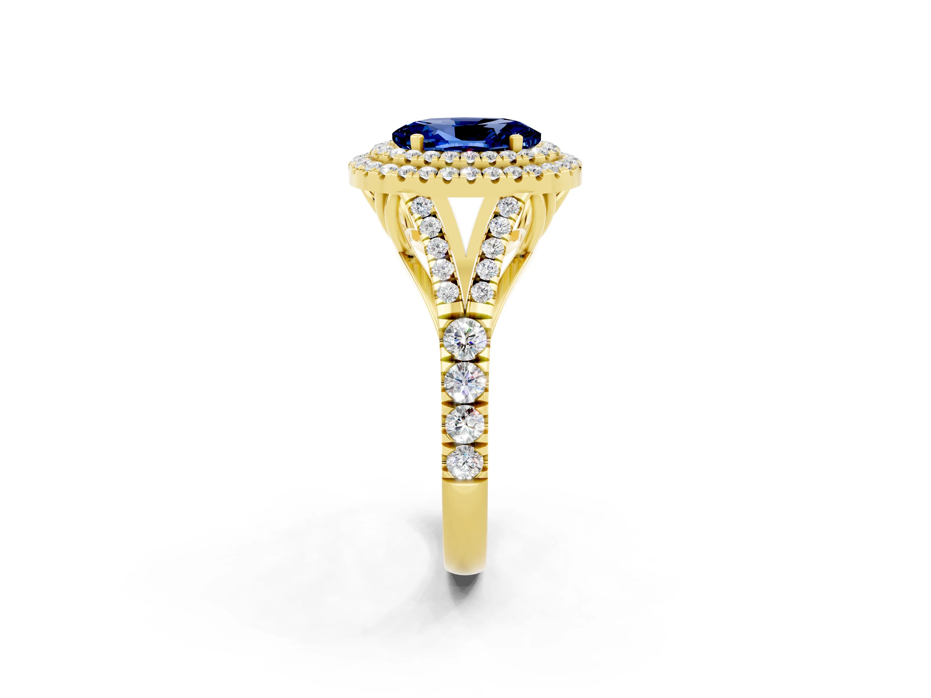 Yellow gold Oval Cut Blue Sapphire Double Halo Ring with Split Shank and Prong Setting_14