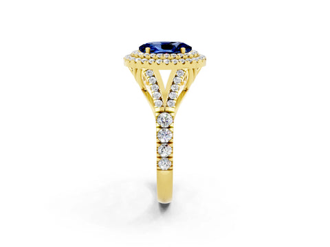 Yellow gold Oval Cut Blue Sapphire Double Halo Ring with Split Shank and Prong Setting_14