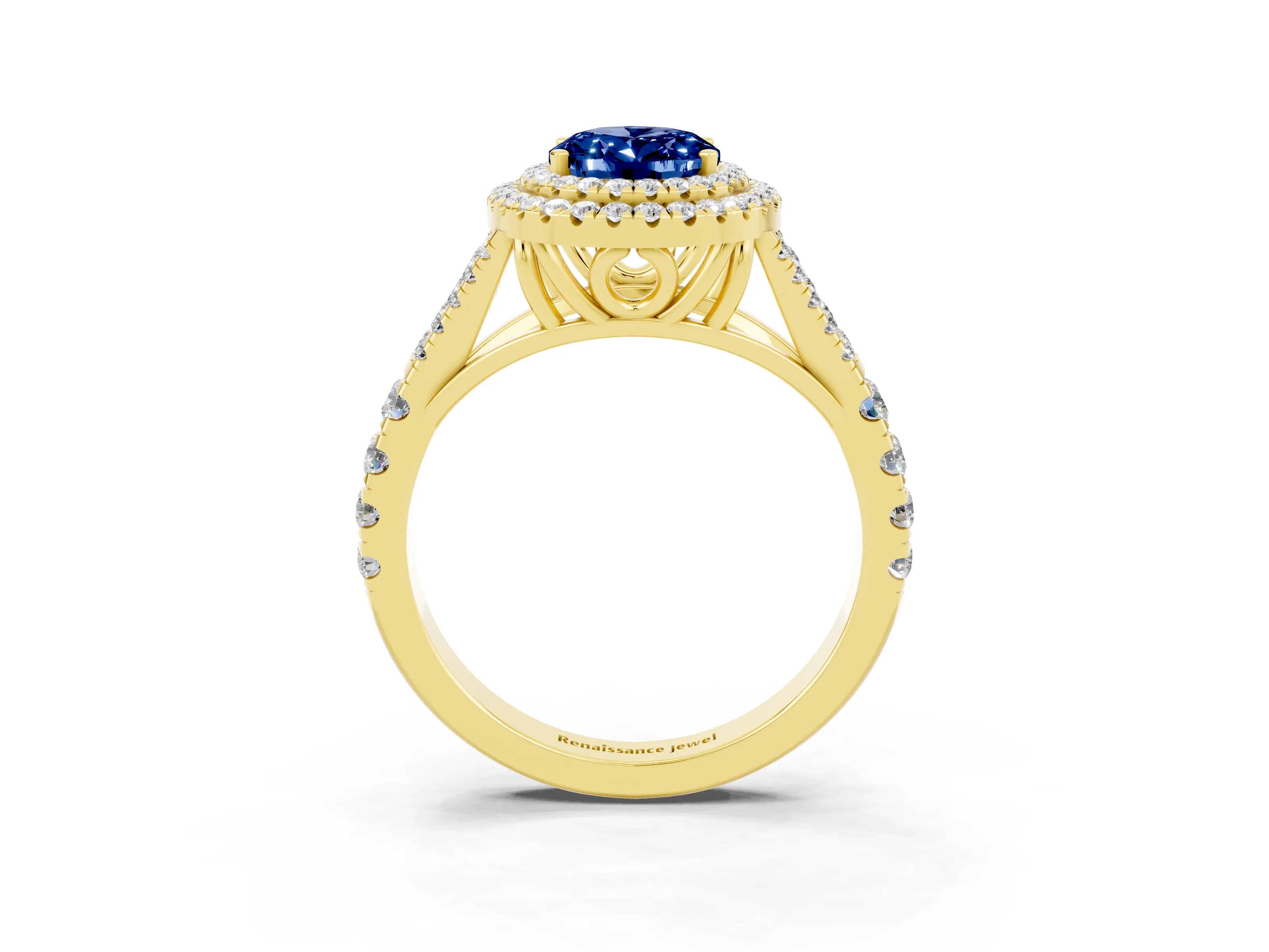 Yellow gold Oval Cut Blue Sapphire Double Halo Ring with Split Shank and Prong Setting_15