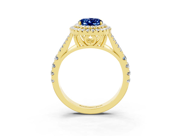 Yellow gold Oval Cut Blue Sapphire Double Halo Ring with Split Shank and Prong Setting