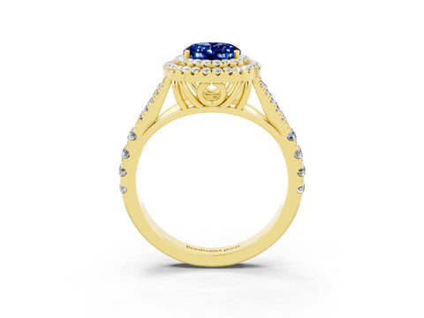 Yellow gold Oval Cut Blue Sapphire Double Halo Ring with Split Shank and Prong Setting_15