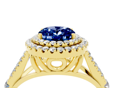 Yellow gold Oval Cut Blue Sapphire Double Halo Ring with Split Shank and Prong Setting_16