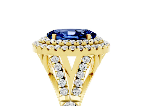 Yellow gold Oval Cut Blue Sapphire Double Halo Ring with Split Shank and Prong Setting_17