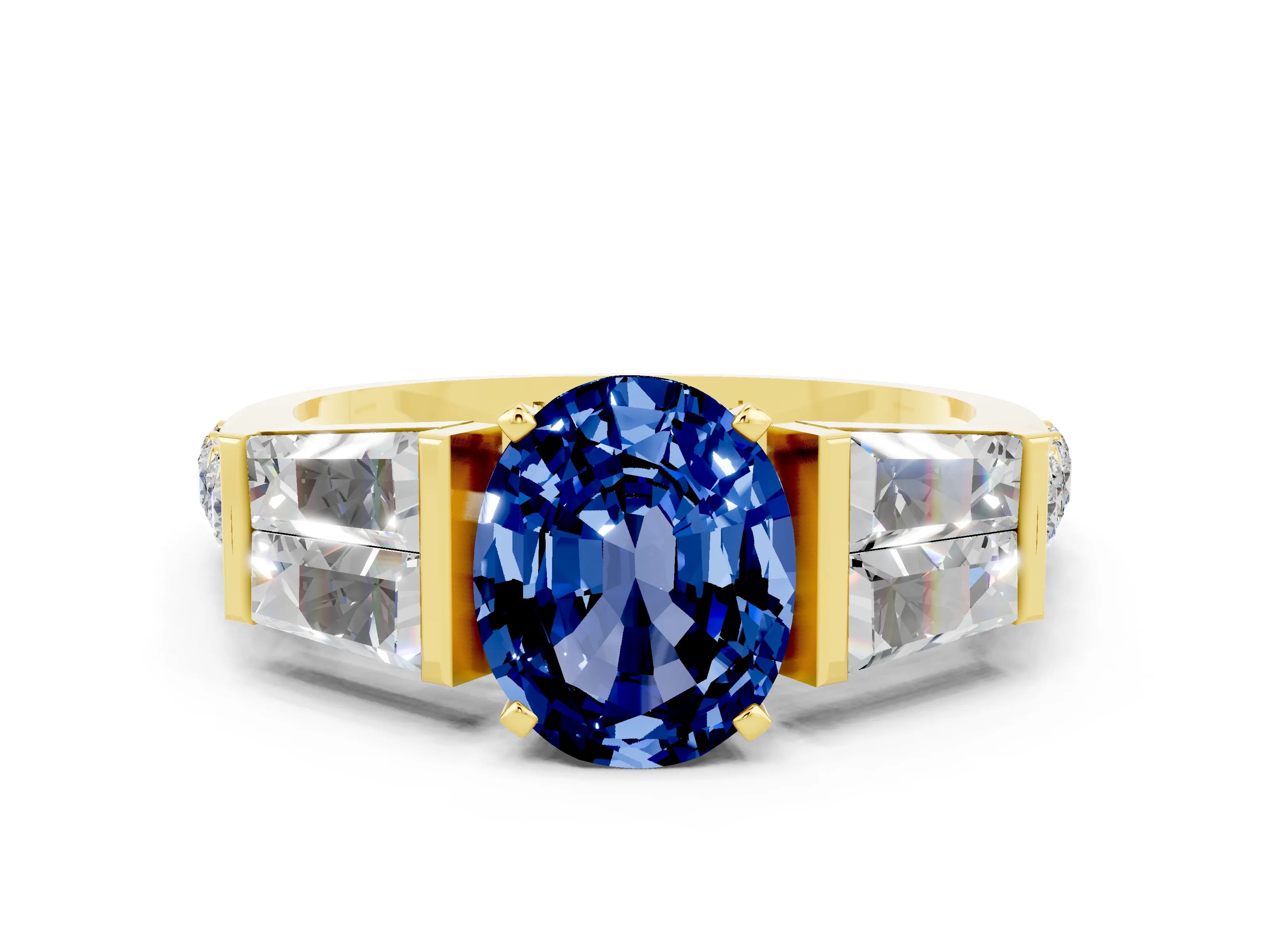 Yellow gold Oval Cut Blue Sapphire Engagement Ring with Baguette Side Stones and Channel Set Band