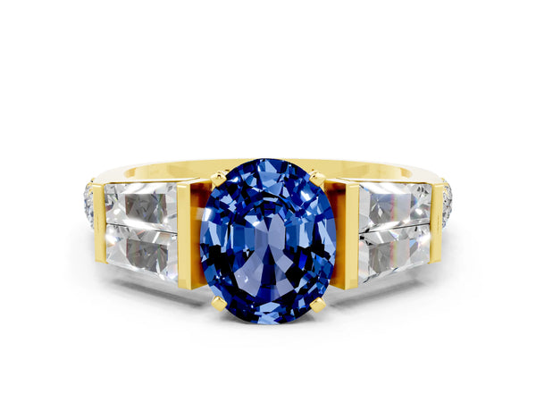 Yellow gold Oval Cut Blue Sapphire Engagement Ring with Baguette Side Stones and Channel Set Band