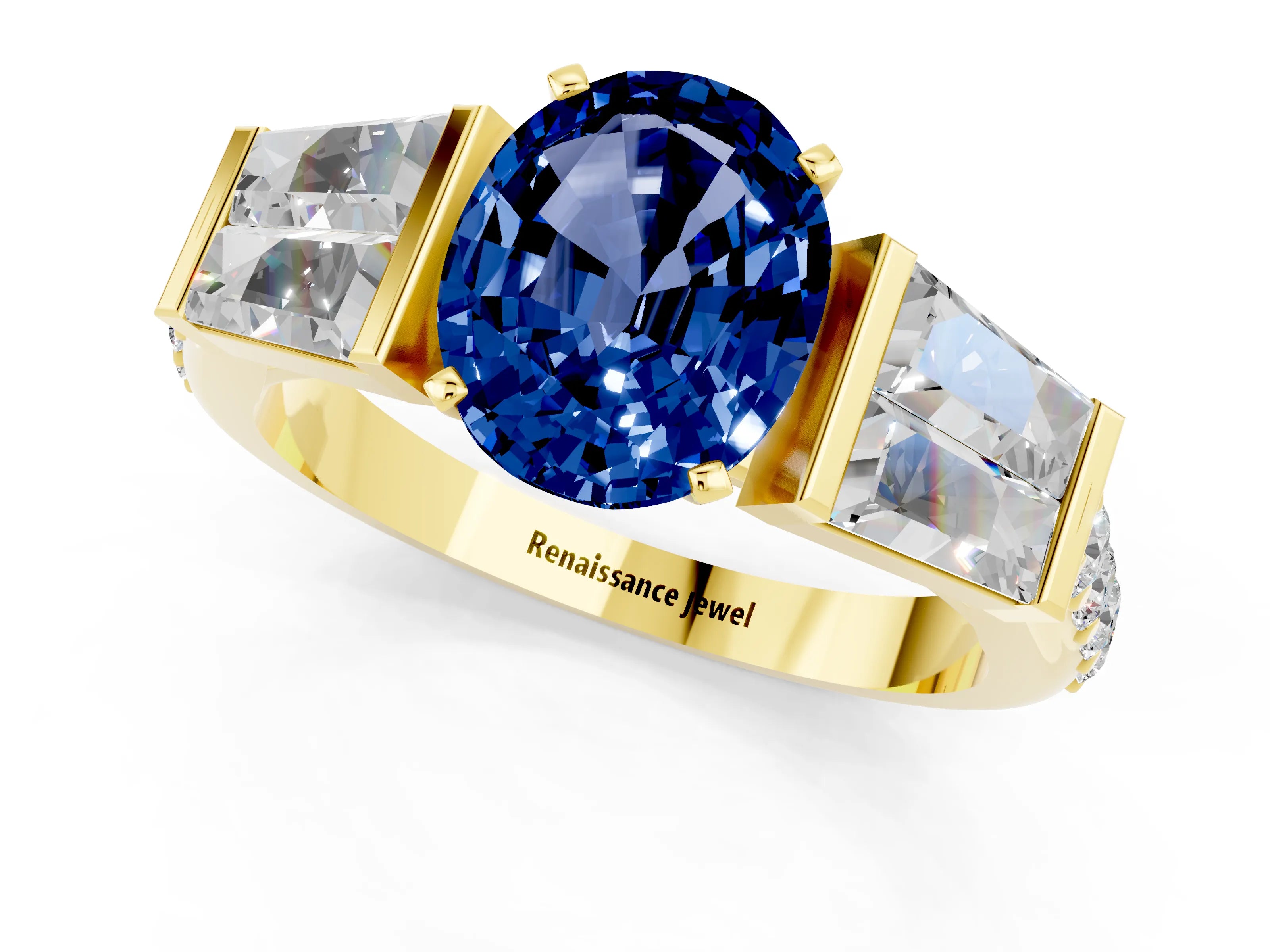 Yellow gold Oval Cut Blue Sapphire Engagement Ring with Baguette Side Stones and Channel Set Band_1