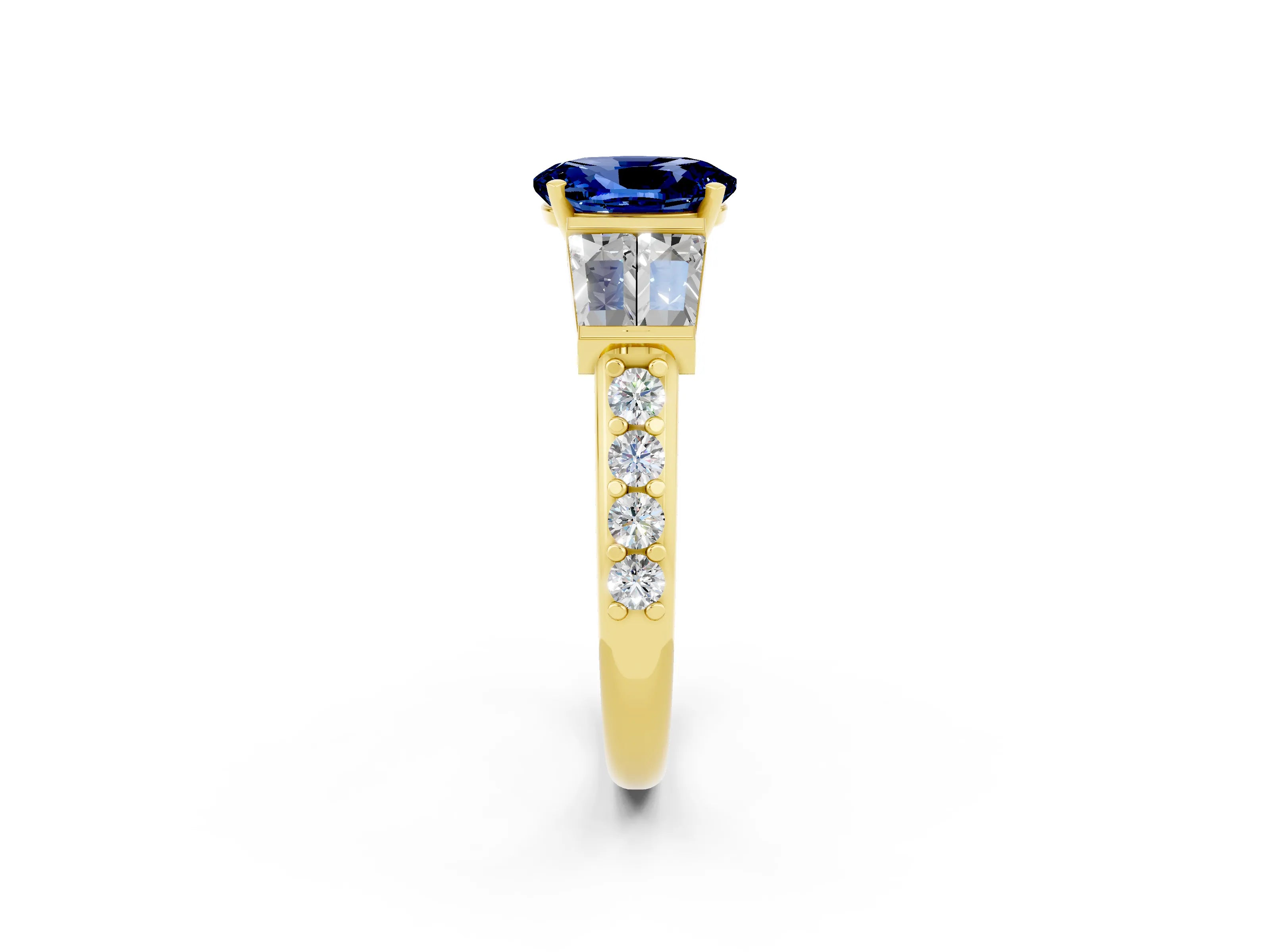 Yellow gold Oval Cut Blue Sapphire Engagement Ring with Baguette Side Stones and Channel Set Band_2