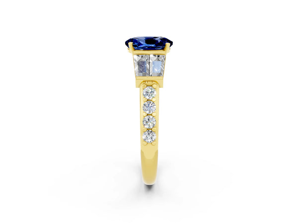 Yellow gold Oval Cut Blue Sapphire Engagement Ring with Baguette Side Stones and Channel Set Band