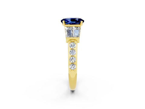 Yellow gold Oval Cut Blue Sapphire Engagement Ring with Baguette Side Stones and Channel Set Band_2