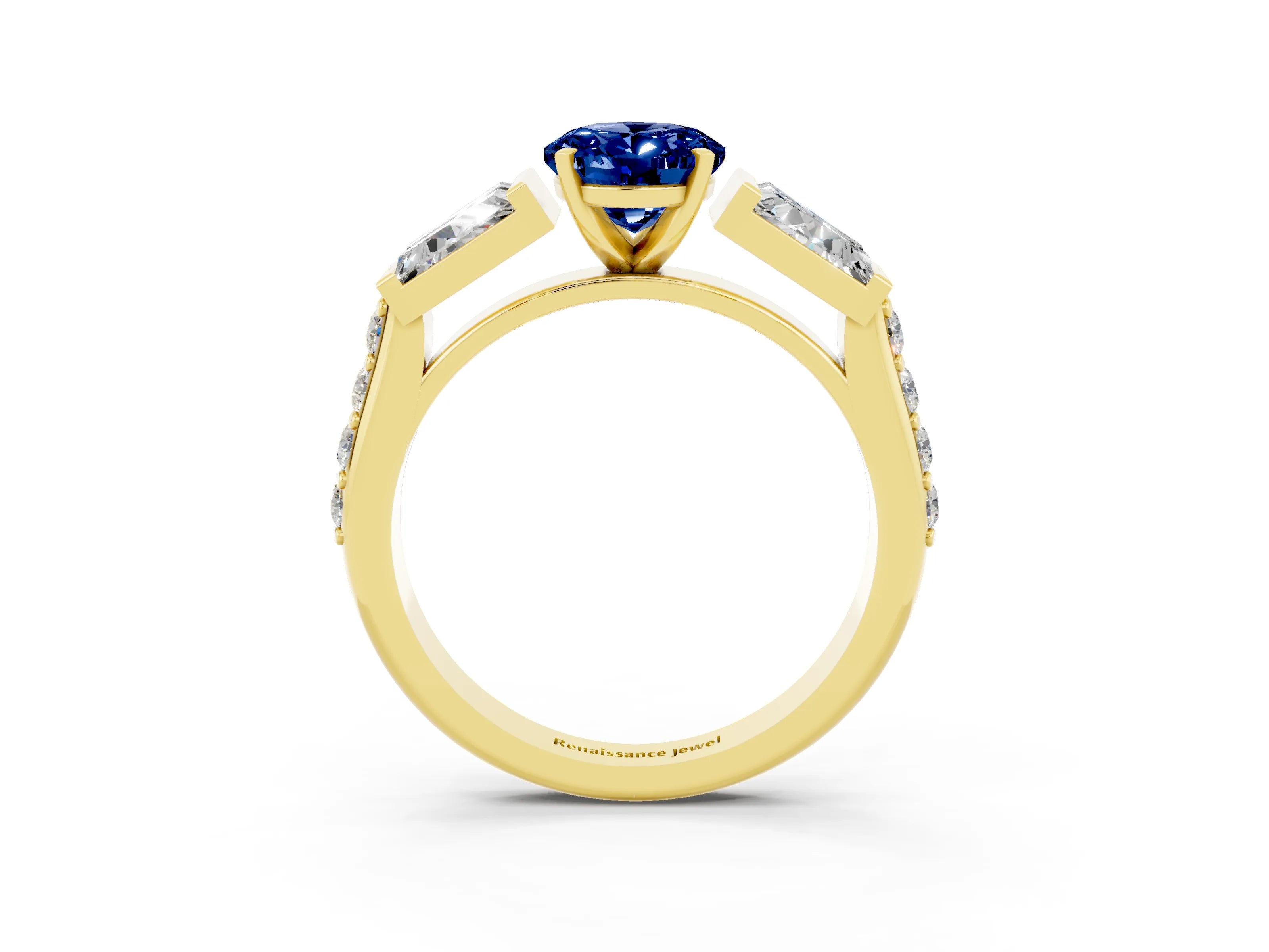 Yellow gold Oval Cut Blue Sapphire Engagement Ring with Baguette Side Stones and Channel Set Band_3