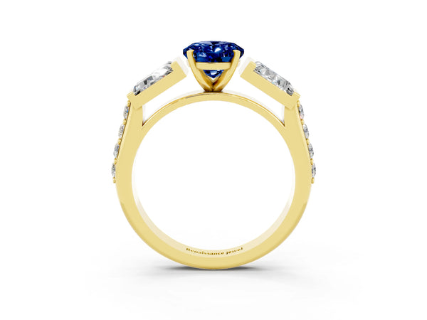 Yellow gold Oval Cut Blue Sapphire Engagement Ring with Baguette Side Stones and Channel Set Band