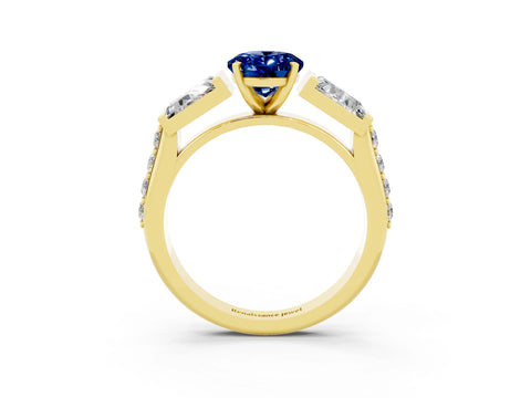 Yellow gold Oval Cut Blue Sapphire Engagement Ring with Baguette Side Stones and Channel Set Band_3