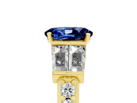 Yellow gold Oval Cut Blue Sapphire Engagement Ring with Baguette Side Stones and Channel Set Band_5