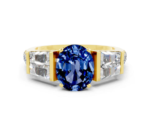 Yellow gold Oval Cut Blue Sapphire Engagement Ring with Baguette Side Stones and Channel Set Band