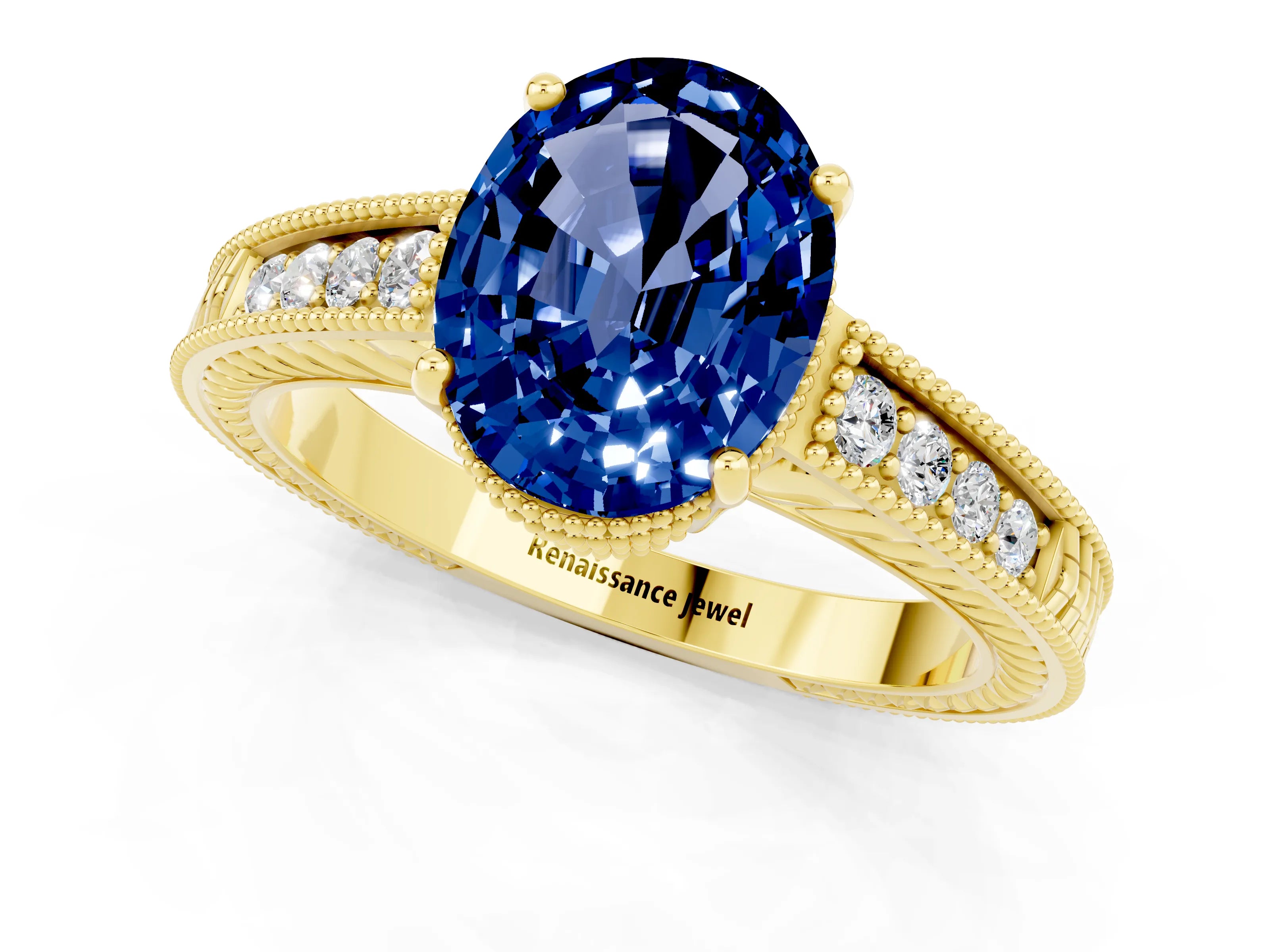 Yellow gold Oval Cut Blue Sapphire Engagement Ring with Milgrain Channel Set Band and Prong Setting_1