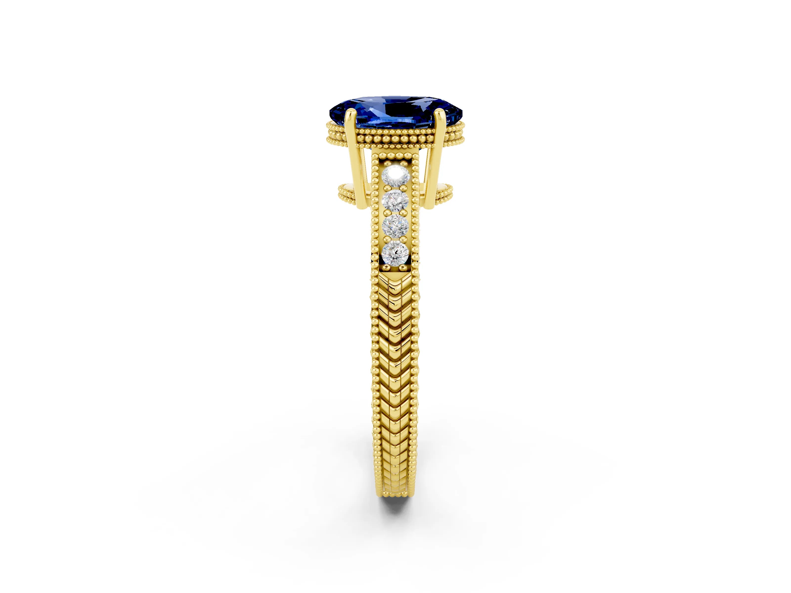 Yellow gold Oval Cut Blue Sapphire Engagement Ring with Milgrain Channel Set Band and Prong Setting_2