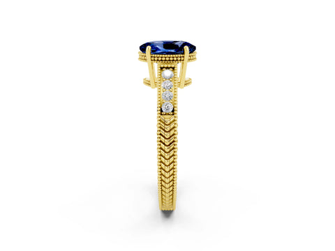Yellow gold Oval Cut Blue Sapphire Engagement Ring with Milgrain Channel Set Band and Prong Setting_2