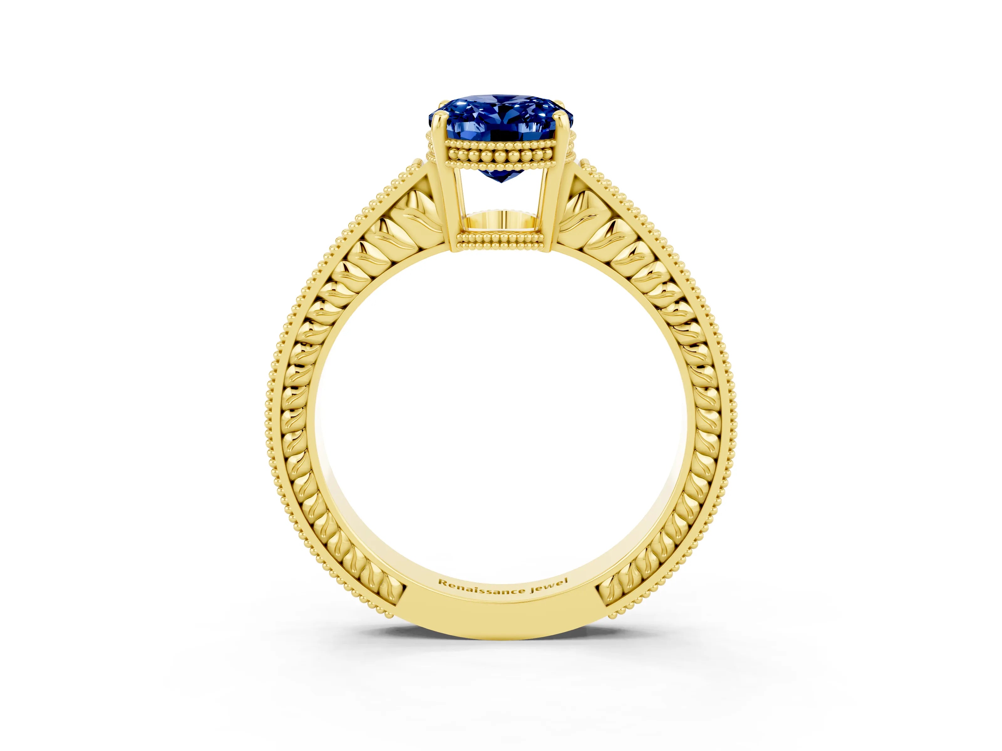 Yellow gold Oval Cut Blue Sapphire Engagement Ring with Milgrain Channel Set Band and Prong Setting_3