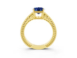 Yellow gold Oval Cut Blue Sapphire Engagement Ring with Milgrain Channel Set Band and Prong Setting_3