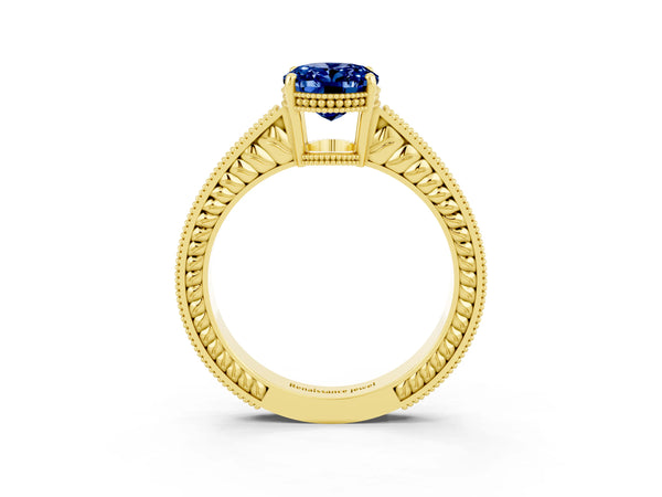 Yellow gold Oval Cut Blue Sapphire Engagement Ring with Milgrain Channel Set Band and Prong Setting