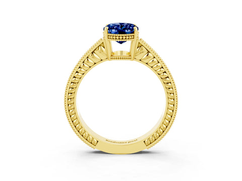 Yellow gold Oval Cut Blue Sapphire Engagement Ring with Milgrain Channel Set Band and Prong Setting_3