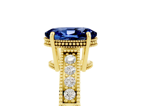 Yellow gold Oval Cut Blue Sapphire Engagement Ring with Milgrain Channel Set Band and Prong Setting_5