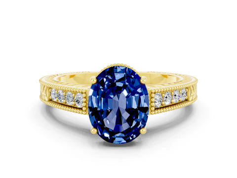 Yellow gold Oval Cut Blue Sapphire Engagement Ring with Milgrain Channel Set Band and Prong Setting