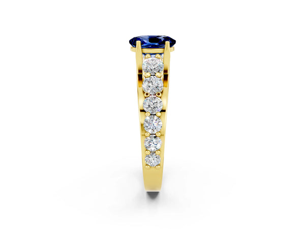 Yellow gold Oval Cut Blue Sapphire Engagement Ring with Pavé Band and Four-Prong Setting