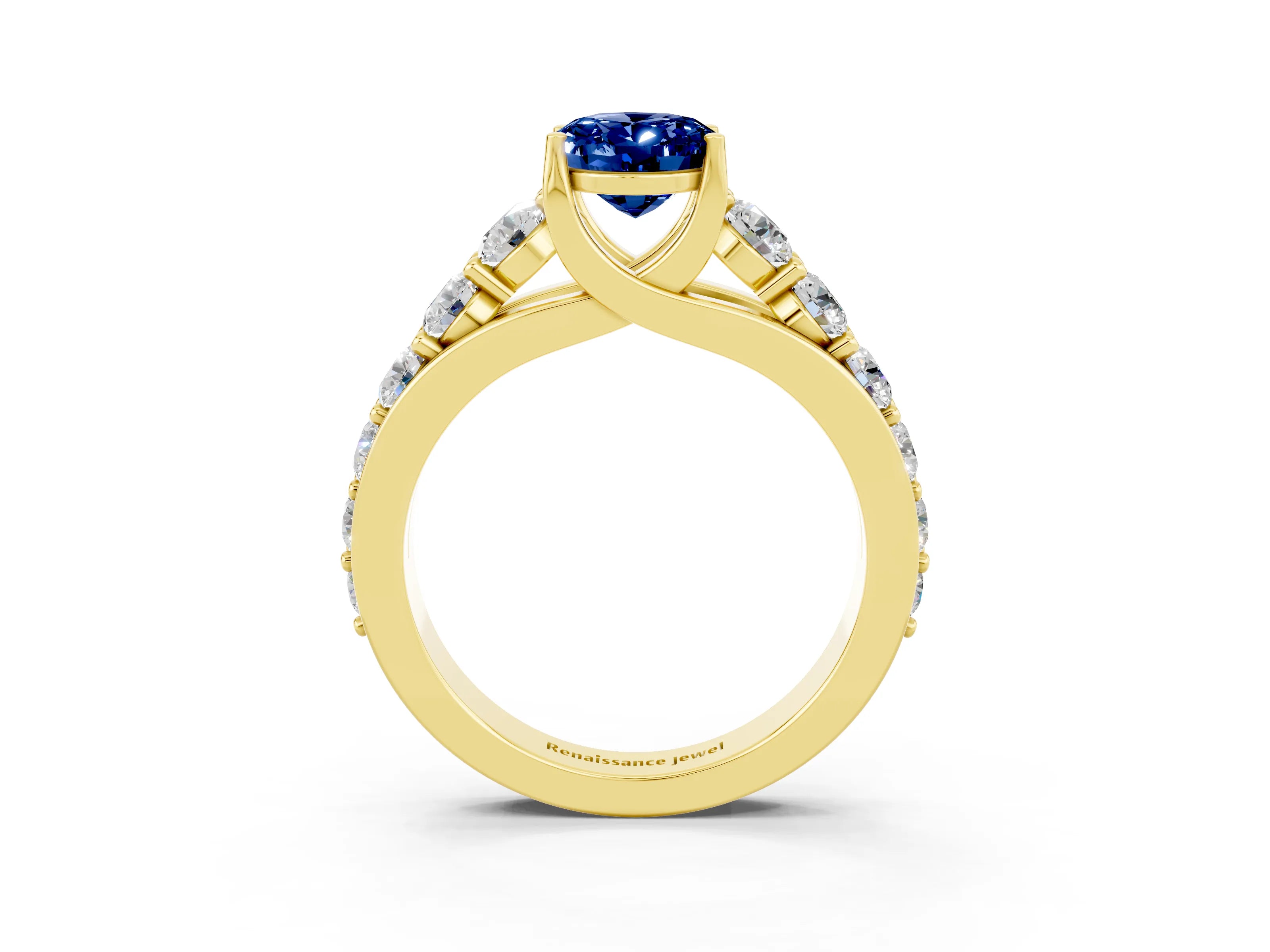 Yellow gold Oval Cut Blue Sapphire Engagement Ring with Pavé Band and Four-Prong Setting_3