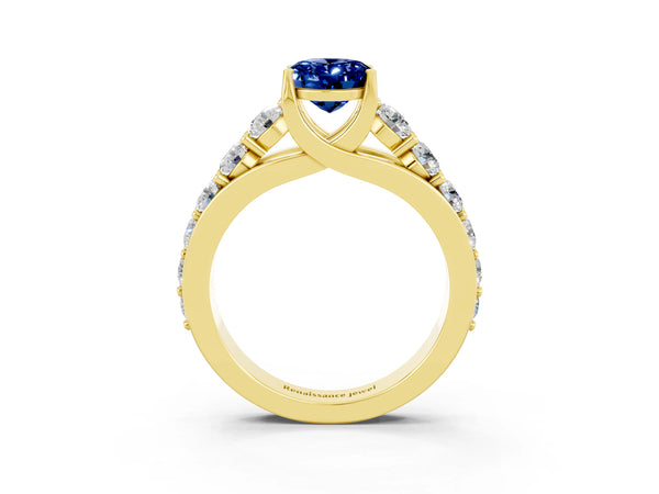 Yellow gold Oval Cut Blue Sapphire Engagement Ring with Pavé Band and Four-Prong Setting