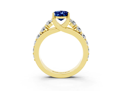 Yellow gold Oval Cut Blue Sapphire Engagement Ring with Pavé Band and Four-Prong Setting_3