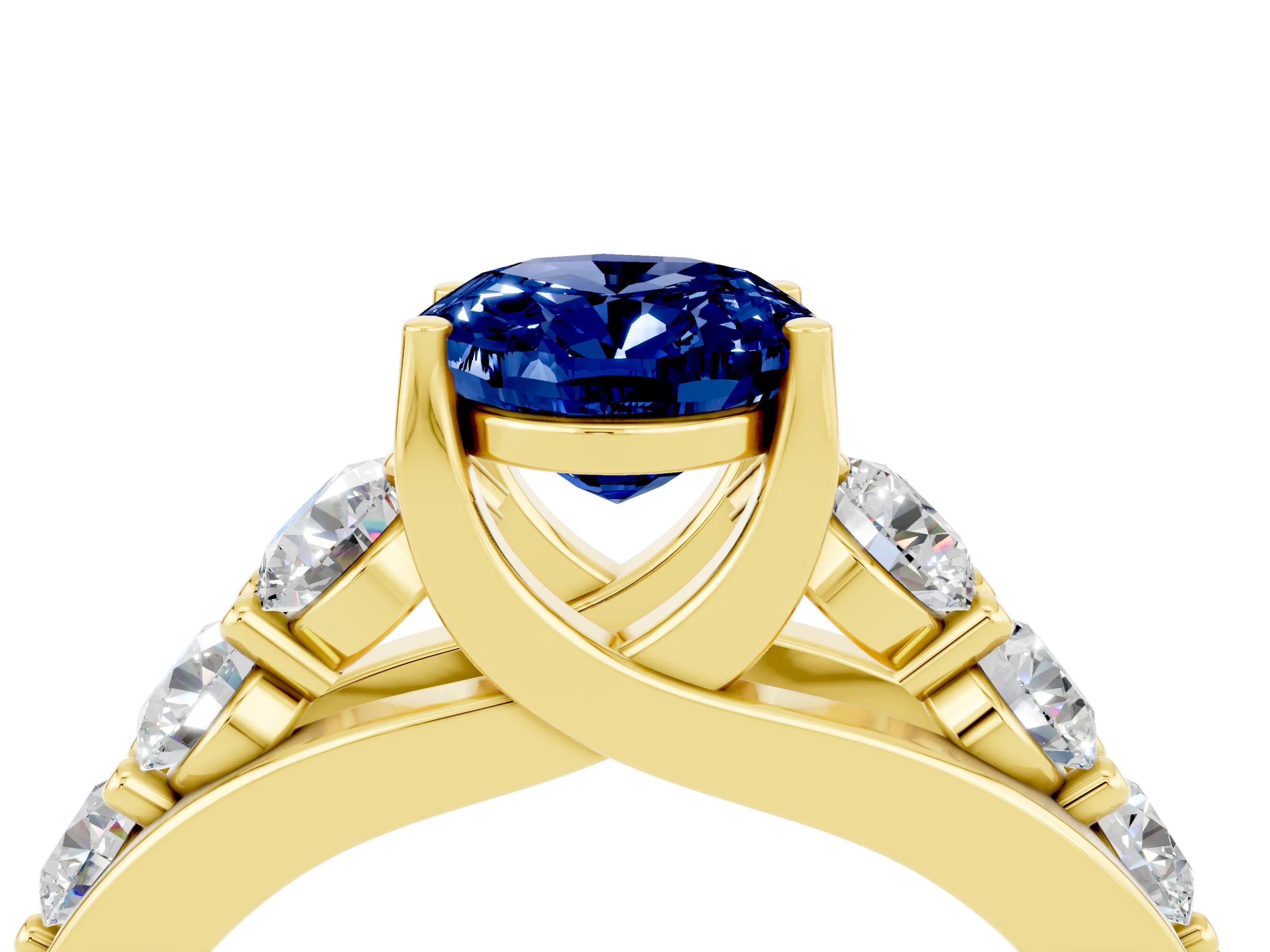 Yellow gold Oval Cut Blue Sapphire Engagement Ring with Pavé Band and Four-Prong Setting_4