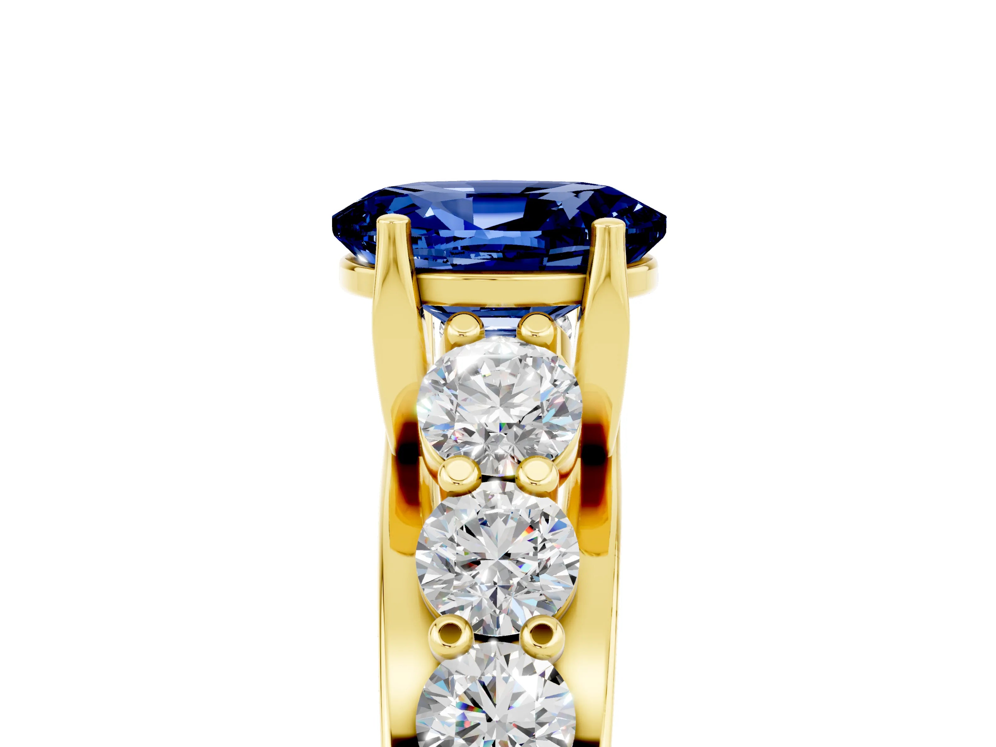 Yellow gold Oval Cut Blue Sapphire Engagement Ring with Pavé Band and Four-Prong Setting_5