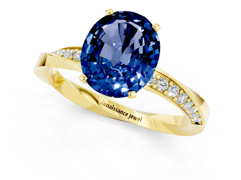 Yellow gold Oval Cut Blue Sapphire Engagement Ring with Side Stone Accents and Four-Prong Setting_28