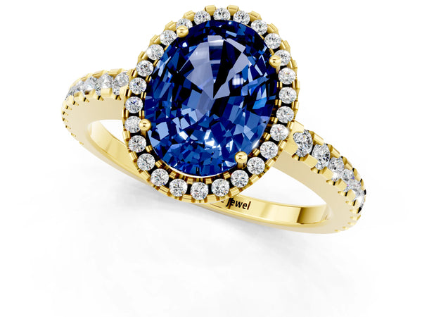 Yellow gold Oval Cut Blue Sapphire Halo Engagement Ring with Pavé Band and Prong Setting