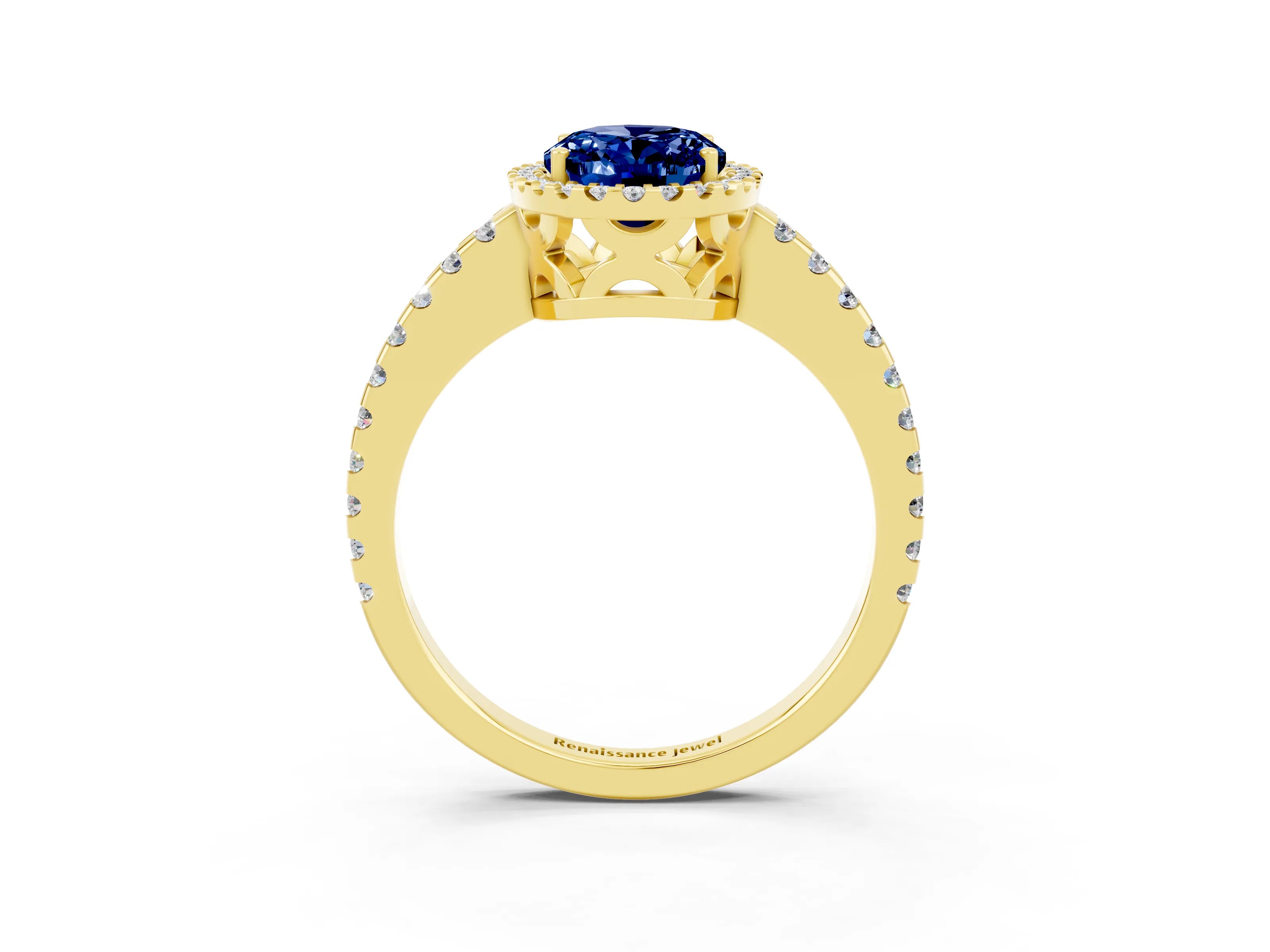 Yellow gold Oval Cut Blue Sapphire Halo Engagement Ring with Pavé Band and Prong Setting_15