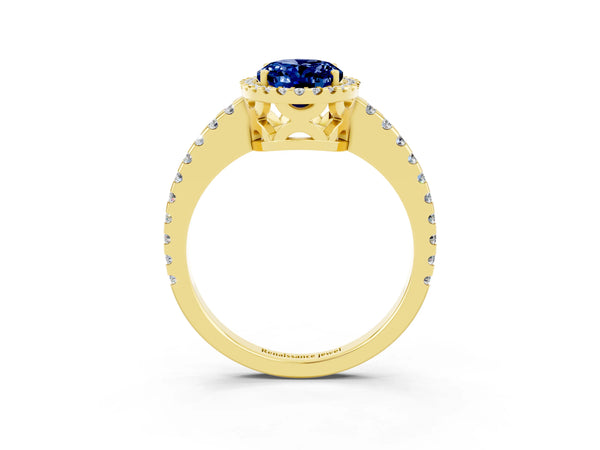 Yellow gold Oval Cut Blue Sapphire Halo Engagement Ring with Pavé Band and Prong Setting