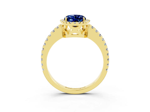 Yellow gold Oval Cut Blue Sapphire Halo Engagement Ring with Pavé Band and Prong Setting_15