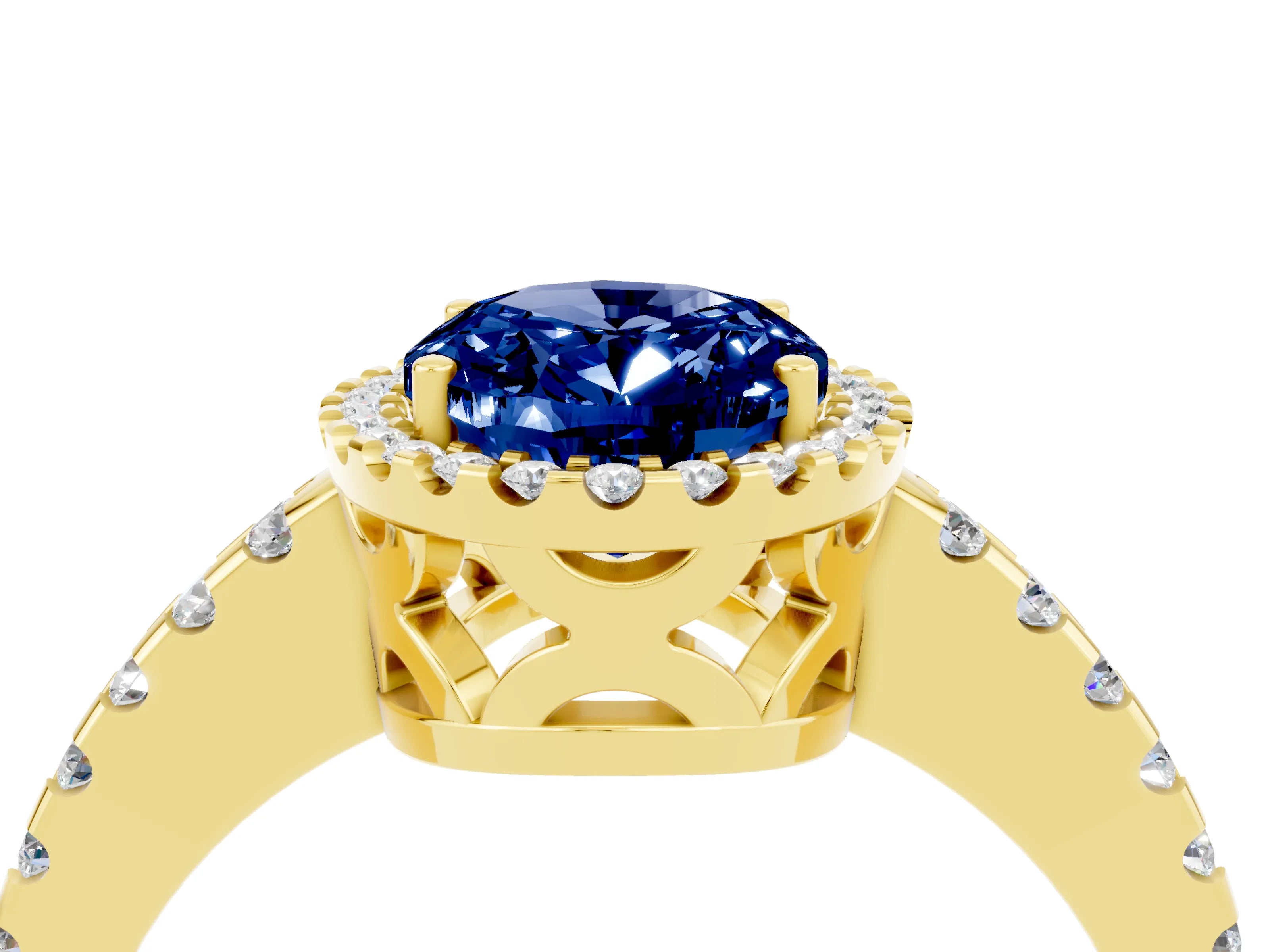 Yellow gold Oval Cut Blue Sapphire Halo Engagement Ring with Pavé Band and Prong Setting_16