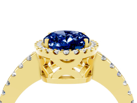 Yellow gold Oval Cut Blue Sapphire Halo Engagement Ring with Pavé Band and Prong Setting_16