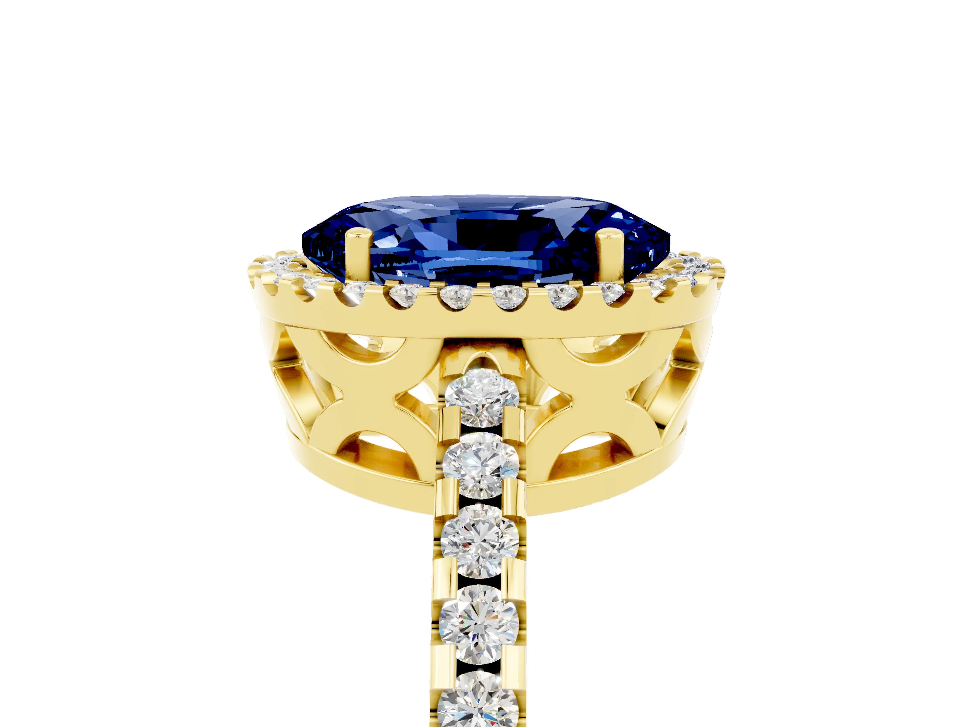 Yellow gold Oval Cut Blue Sapphire Halo Engagement Ring with Pavé Band and Prong Setting_17