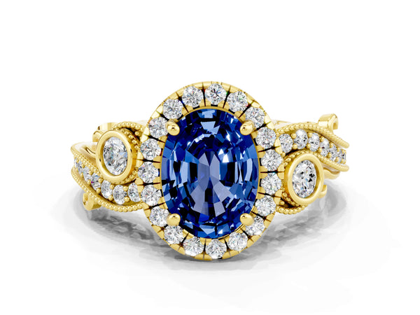 Yellow gold Oval Cut Blue Sapphire Halo Ring with Milgrain Pavé Band and Four-Prong Setting