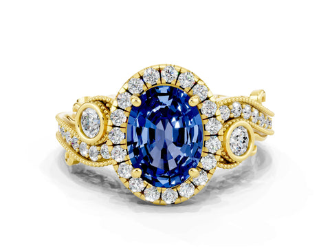 Yellow gold Oval Cut Blue Sapphire Halo Ring with Milgrain Pavé Band and Four-Prong Setting_12